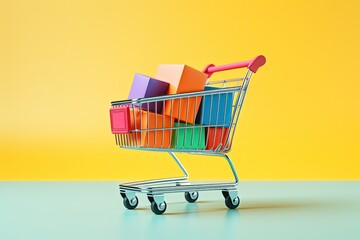 Shopping cart with colorful boxes on yellow background, supermarket cart, Generative AI