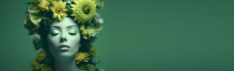 girl wearing a wreath of green wildflowers, Green background, copy space, generative ai