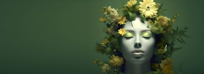 girl wearing a wreath of green wildflowers, Green background, copy space, generative ai