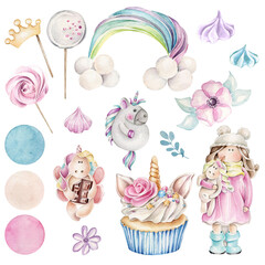 unicorn, rainbow, sweets and candy, doll with unicorn, cupcake. Magic trendy cartoon collection perfect for nursery print and poster design