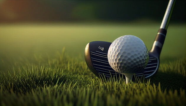 Close up golf club and ball on green grass lawn of course background  Ai generated image