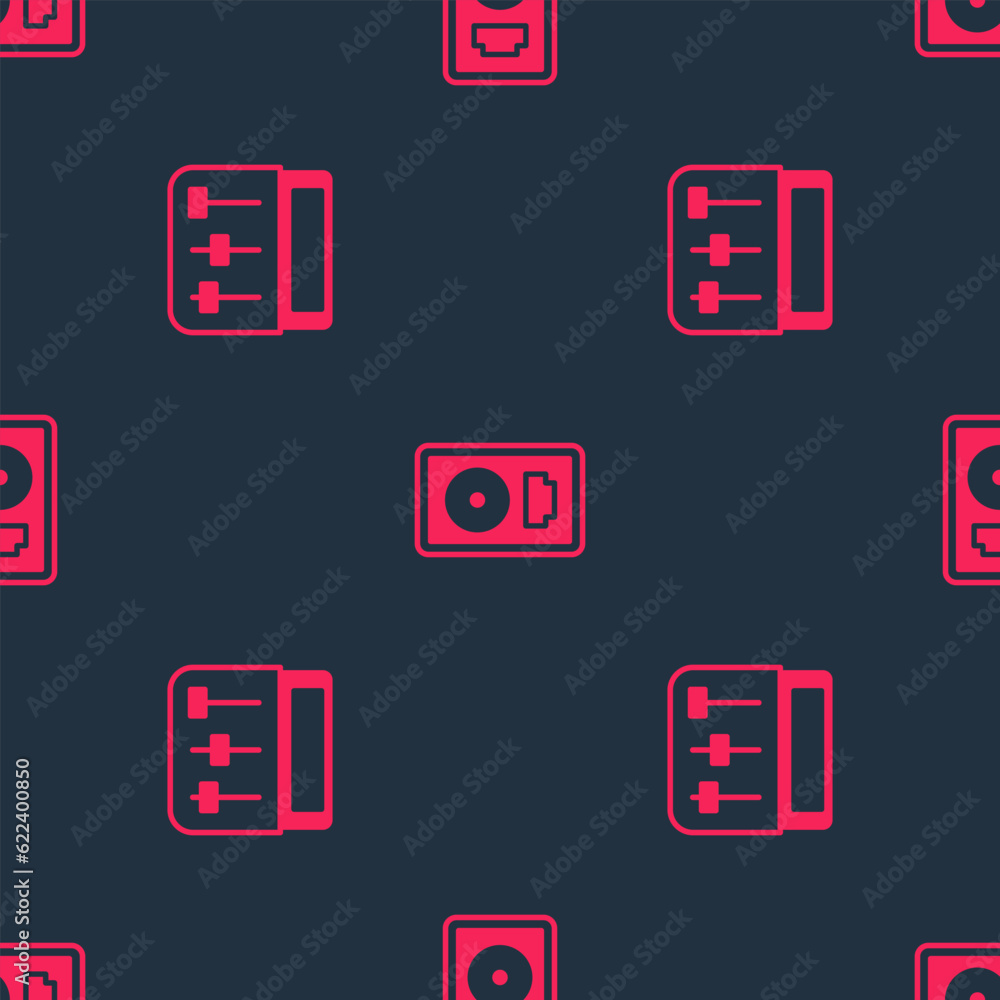 Poster set drum machine music and cd disk award frame on seamless pattern. vector