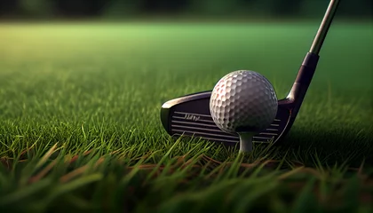 Poster Close up golf club and ball on green grass lawn of course background  Ai generated image © Trendy Image Two