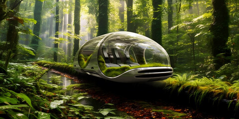 An innovative electric vehicle zooming through a lush, green forest trail, leaving a trail of swirling leaves in its wake.