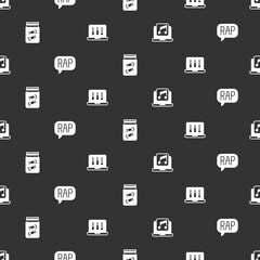Set Laptop with music, Rap, Evidence bag bullet and Sound or audio recorder on seamless pattern. Vector