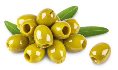 Olives isolated. Ripe pitted olives in oil with leaves on a white background.