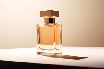 Transparent bottle of female perfume on pastel background. Fragrance presentation, daylight, trending minimal studio shot, perfumery, luxury fragrance. Natural materials and shadows. AI generated