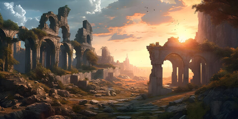 Ancient Ruins: The remains of an old temple or castle set against a beautiful natural landscape. Generative ai.