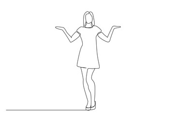 beautiful young woman opens both hands offers option presents