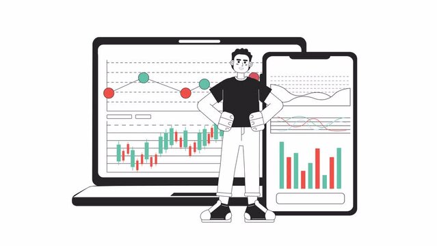 E-platforms for investor bw 2D animation. Stock trader hands on hips 4K video motion graphic. Investment growth on laptop, phone monochrome outline animated cartoon flat concept, white background