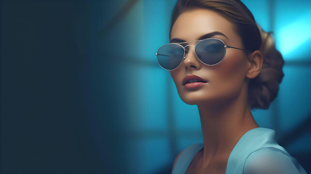 young woman wearing futuristic glasses and clothes fashion style dark background, Generative AI