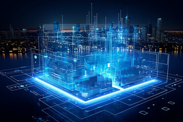 Generative AI computer screen view illustration of futuristic architecture with digital connection