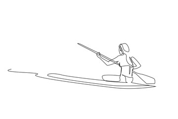 young person water sea boat canoe kayaking activity one line art