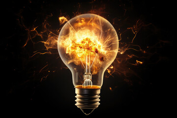 light bulb with a lot of energy with fire inside on black background