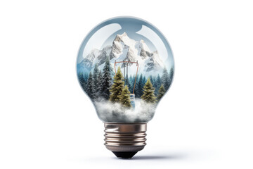 light bulb with a snowy landscape inside on white background