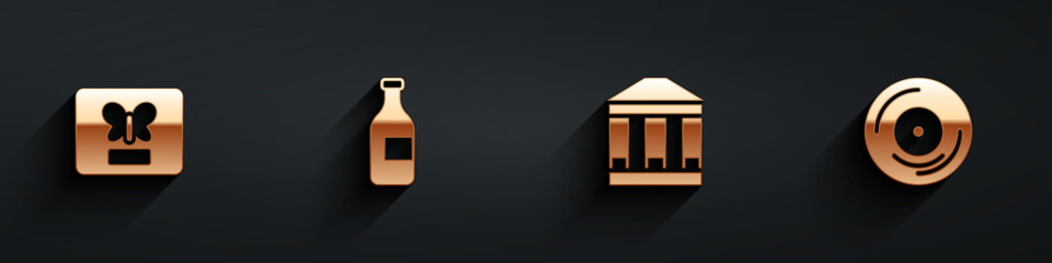 Set Butterfly in a frame, Bottle of wine, Museum building and Vinyl disk icon with long shadow. Vector