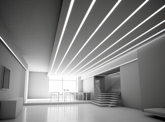 suspended ceiling with halogen spots lamps and drywall construction in empty room in apartment or house. Stretch ceiling white and complex shape. Created with Generative AI technology.