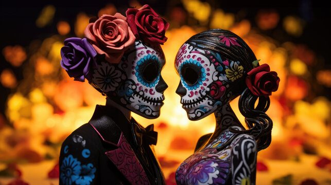 Colorful Mexican Day of the Dead skull. Romantic skull couple with flowers and sunlight background. Mexican celebration inspired image.