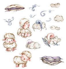 Watercolor hand drawn fluffy sheep, clouds and pillows. Illustration of farm baby animal . Perfect for wedding invitation, greetings card, posters, fabric patterns.