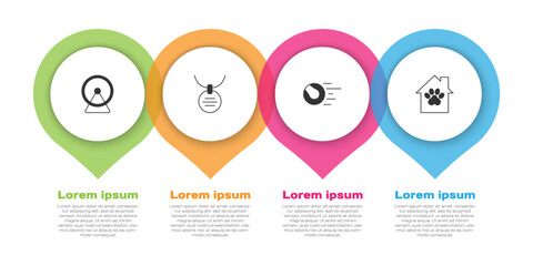 Set Hamster wheel, Collar with name tag, Pet toys ball and house. Business infographic template. Vector