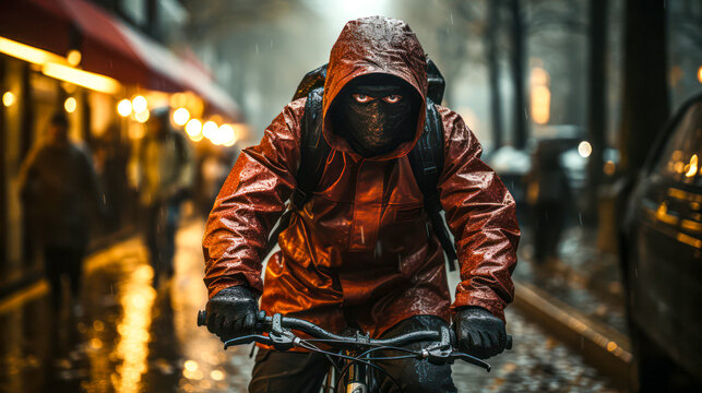 Mann auf einem Motorrad/Fahrrad im Regen, man on a bicycle in heavy rain