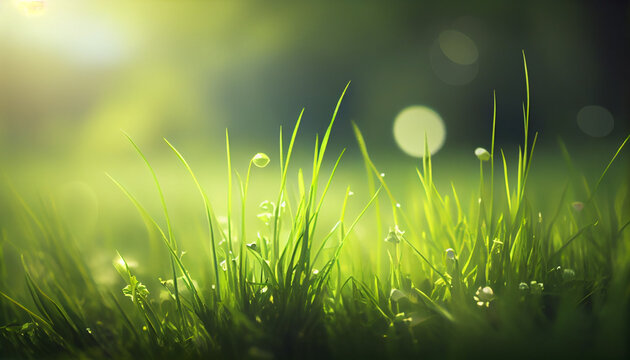 Close up selective focus sunny spring nature background with copy space. Blurry organic green landscape with bokeh, Bright fresh grass backdrop with place for text Ai generated image