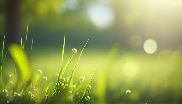 Close up selective focus sunny spring nature background with copy space. Blurry organic green landscape with bokeh, Bright fresh grass backdrop with place for text Ai generated image