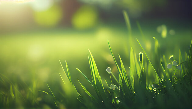 Close up selective focus sunny spring nature background with copy space. Blurry organic green landscape with bokeh, Bright fresh grass backdrop with place for text Ai generated image