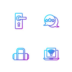 Set line Wireless laptop, Suitcase, Door handle and Five stars rating review. Gradient color icons. Vector