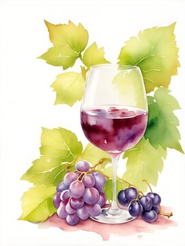 watercolor wine-glassful and grapes, AI generated