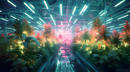 Bioengineering breakthrough, In a futuristic greenhouse, scientists nurture vibrant, genetically modified plants that glow in different neon colors