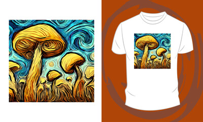 Vector graphic t-shirt design, with colorfull mushrooms