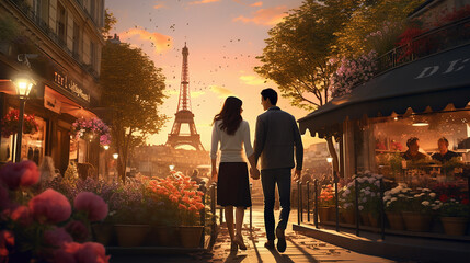 Couple walking hand in hand at sunset in Paris