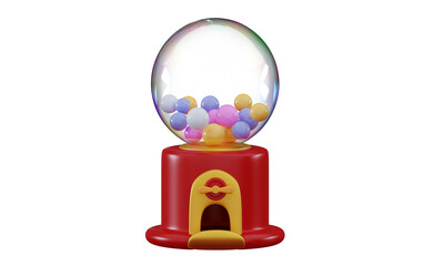 3d Gumball machine Red cute vintage gumball dispensing machine filled with multicolored gumballs Minimal 3D rendering illustration