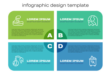 Set line Gas pump nozzle and globe, Tsunami, Recycle bin with recycle and Global warming. Business infographic template. Vector