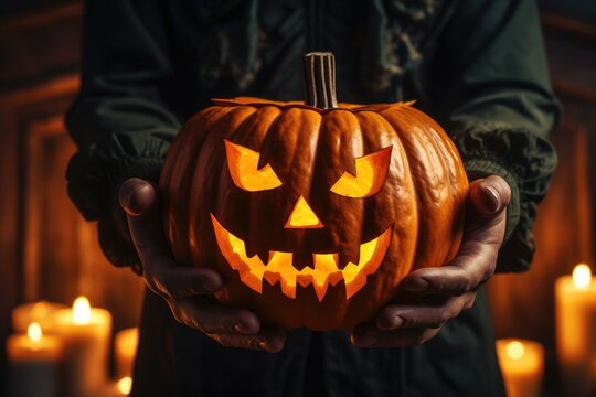 Picture of halloween background with hands holding halloween pumpkin. Generative ai
