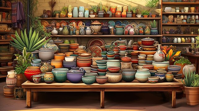 A store features a diverse, colorful pottery collection on a table. (Generative AI)
