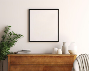 Mockup frame on cabinet in living room interior on empty wall background
