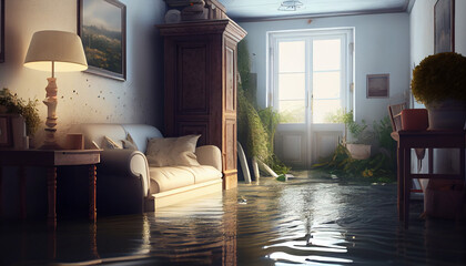 Flooding in the house interior, insurance case. Flood background with copy space Ai generated image