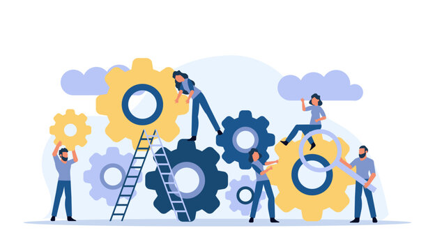 Man And Woman Business Organization With Circle Gear Vector Concept Illustration Mechanism Teamwork. Skill Job Cooperation Coworker Person. Group Company Process Development Structure Workforce Banner