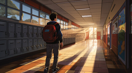 A schoolboy, with his backpack slung over one shoulder, walks down a brightly lit school hallway, the sound of echoing footsteps filling the air.
