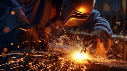 Close-up shot of welding sparks flying, depicting the skill and precision required in industrial craftsmanship. Generative ai.