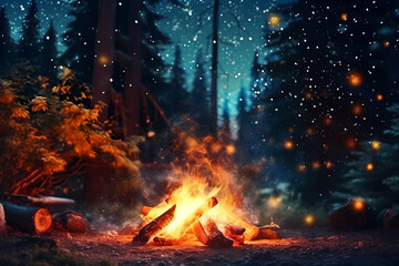 Campfire flickering in the night, casting dancing shadows on the surrounding trees. The flames are vibrant and warm