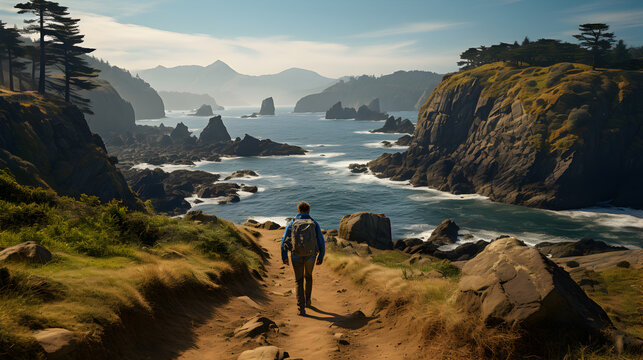 a man with a backpack walking down a rocky path Generative AI