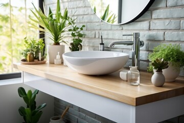 Fototapeta premium interior design,White modern bathroom. Bright room. Modern interior. Green plants on wooden counter and bathroom sink. created generative ai.