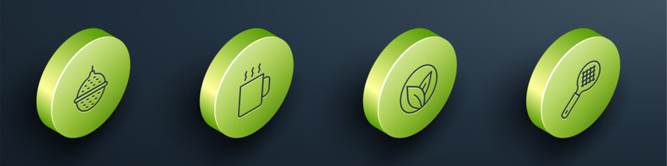 Set Isometric line Ball tea strainer, Cup of, Tea leaf and with handle icon. Vector