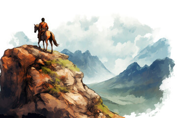Naklejka na ściany i meble A man riding a horse on top of a mountain. Generative AI.