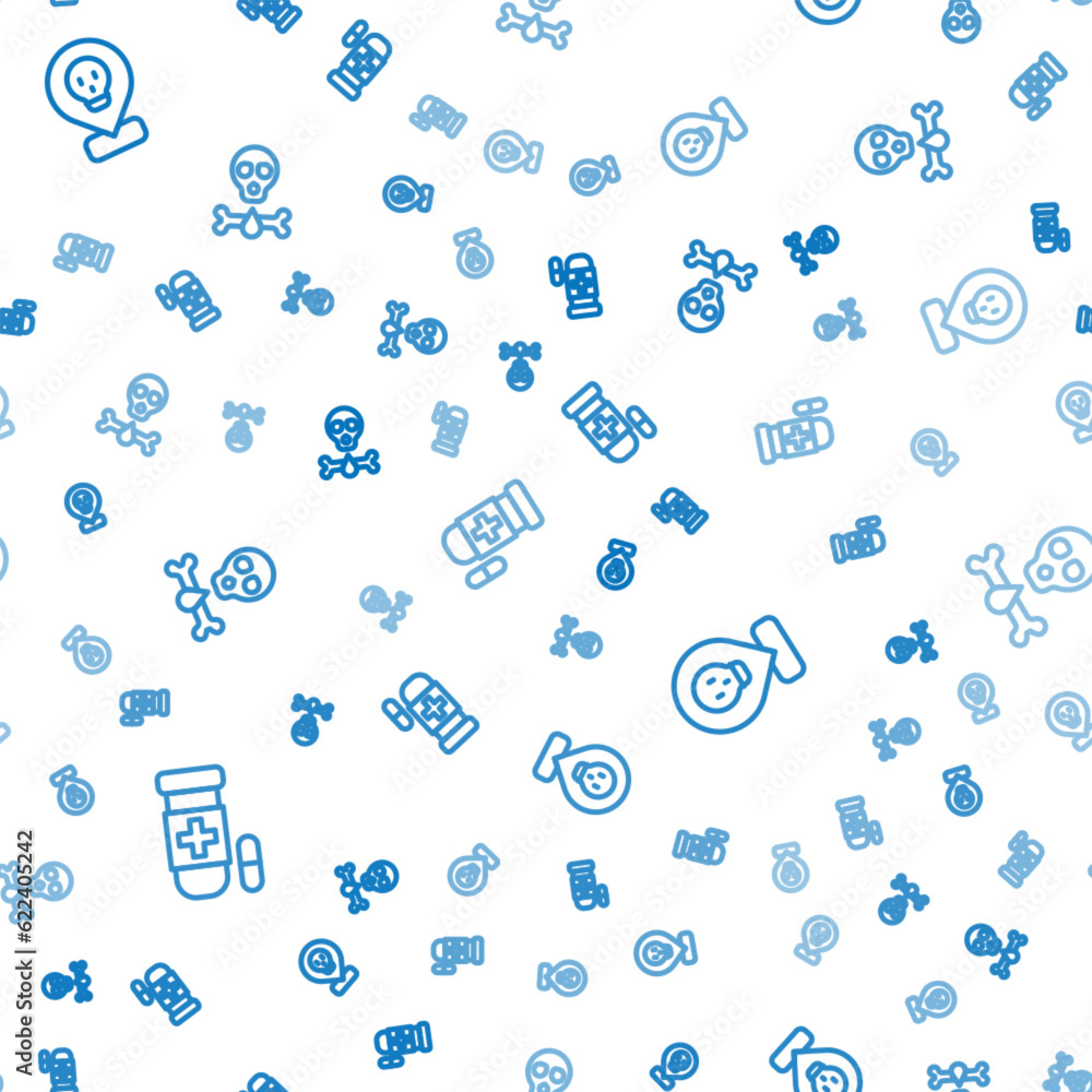 Poster set line antidote, radioactive in location and bones and skull on seamless pattern. vector