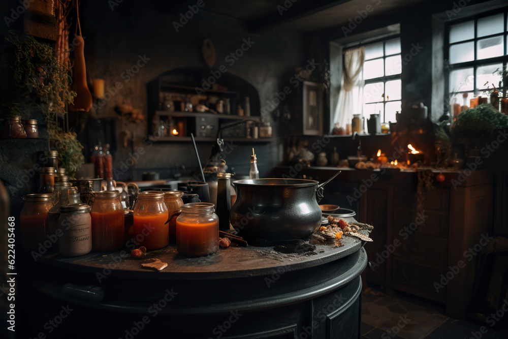 Poster a table topped with jars and a pot filled with liquid. ai generative.