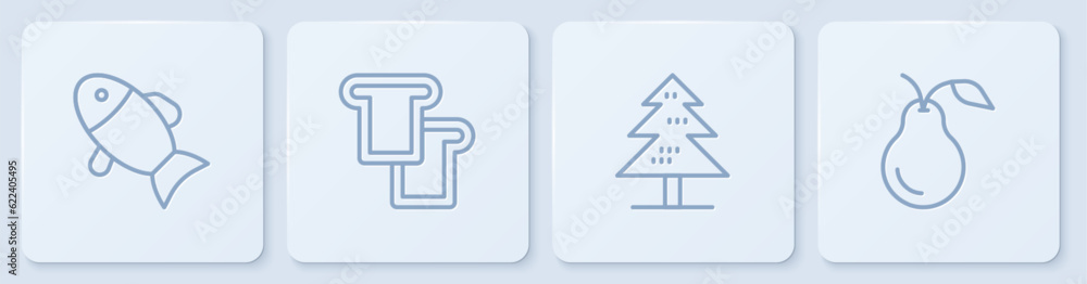 Poster set line fish, tree, bread toast and pear. white square button. vector